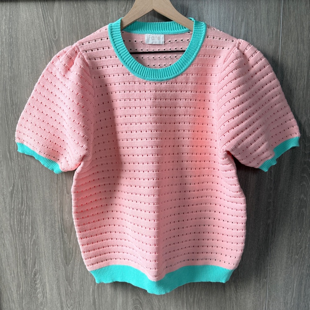 Fate Open Pointelle Knit Sweater Women Large Pink Teal Puff Sleeve Contrast Trim